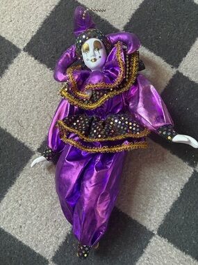 Purple and Gold Jester Doll with Painted Porcelain Face